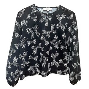 Loft Bows Slit Neck Blouse Long Sleeve Black White Coquette Dainty Feminine‎ XS
